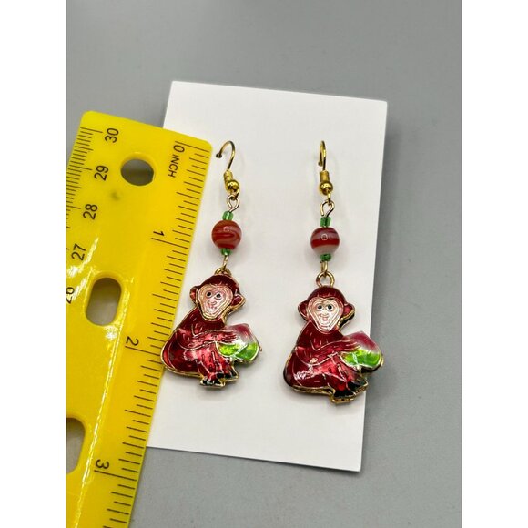 Vintage Enamel Monkey Dangle Earrings Double Sided with Bead Accents - Picture 5 of 5